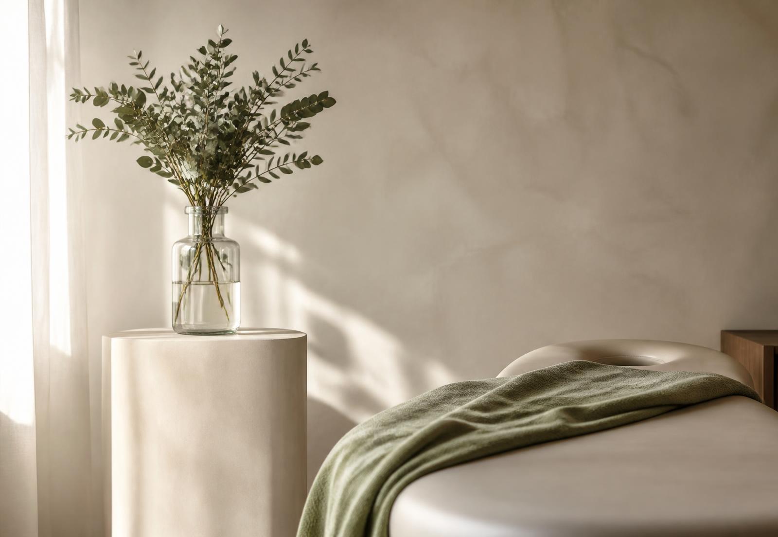 Calm treatment room at Redbrook Clinic with eucalyptus in a glass vase